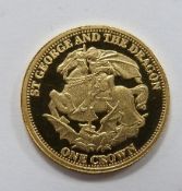 Gold Piedfort Tristan da Cunha St George and the Dragon one crown coin, 22ct gold, 2.48g, cased with