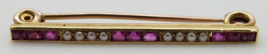 Edwardian brooch set with square cut rubies and seed pearls