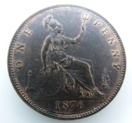1876 Victorian later young bust bronze penny, Heaton Mint, OT TB, near unc, some lustre