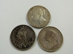 A trio of Victorian crowns to include young head 1845 VIII with cinquefoil, 1895 veiled head LIX and