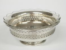 French white metal pierced pedestal bowl with cut glass liner, with French silver marks, maker's
