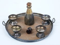 Edward VII hallmarked silver novelty miniature or dolls' house champagne set on tray, comprising two