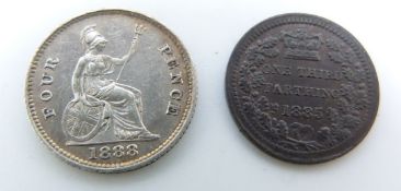 1885 Victorian copper one third farthing, near unc with lustre and an 1888 Jubilee fourpence