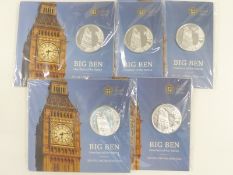 Five Royal Mint 2015 Big Ben £100 fine silver coins, in original packaging