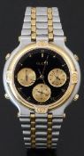 Gucci gentleman's chronograph wristwatch ref. 9400 with black face, gold subsidiary dials, gold