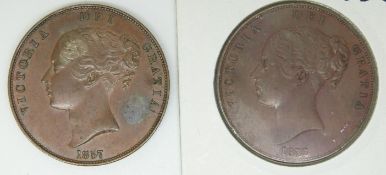 Victorian 1857 copper penny, PT EF with small die crack flaw, together with a 1958 NEF example