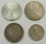 1889 Morgan dollar, New Orleans mint mark, together with a 1953 Swiss 5 franc Bern mint mark and two