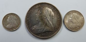 1893 Victorian veiled head crown together with an 1896 shilling and a 1901 sixpence, all VF-EF