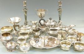 A quantity of silver plate including teaware, trophy cup, candlesticks etc