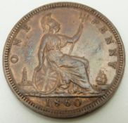 1860 Victorian young head bronze penny, TB, signature on cape obverse, LCW under shield reverse,