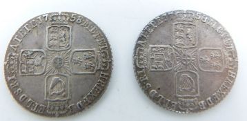George II 1758 sixpence, old head, plain angles reverse, VF+ together with a similar example F-VF
