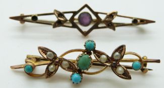 A 9ct gold brooch set with seed pearls and turquoise and a 9ct gold brooch set with paste, 5.4g