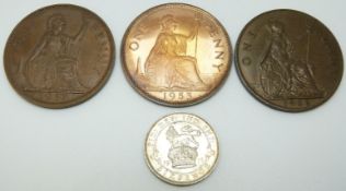 George V 1936 proof penny EF-unc, together with a 1937 George VI proof penny unc, a 1953 penny