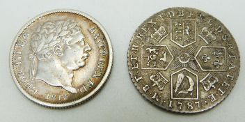 1787 George III shilling, no semee of hearts reverse, VF, together with an 1817 bull head example,