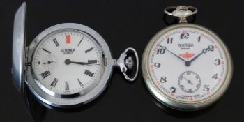 Two Sekonda keyless winding pocket watches, one open faced with blued hands, black Arabic