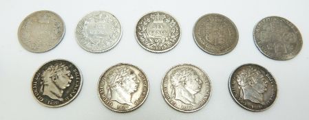 Nine sixpences comprising 1728 George II plumes example, F, four various George III 'bull head'
