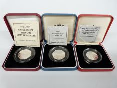 Three silver proof Piedfort 50p coins, 1994 D Day landings, 1992-93 Council of Minutes and 2004 Four
