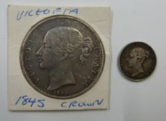 1845 Victorian wreath back young head crown together with an 1853 sixpence