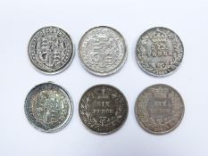 Six various George III and Victorian sixpences, various grades, two ex-mount, one with die number 1