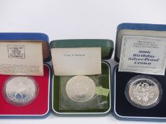 Three cased Royal commemorative silver proof crowns 1972, 1977 and 1990