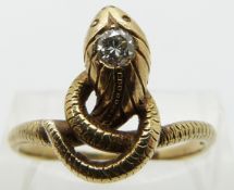 A 14ct gold ring set with a round cut diamond of approximately 0.18ct in a snake setting, size P