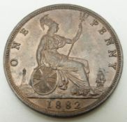 1882 Victorian later young bust bronze penny, Heaton Mint, OT TB, some lustre, near unc