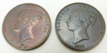 1847 Victorian copper penny, close colon, NEF, together with a 1948 far colon example with some