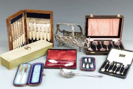 Cased plated cutlery, wine holder, fabric box with portrait miniature to lid etc