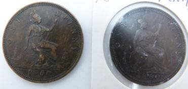 Victorian 1860 bronze young head penny, TB, VF-EF together with a B.B example, VF