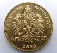 1892 gold Austrian 10 franc coin