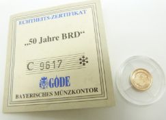 50 Jahre gold Deutsches Markstuck coin with certificate 0.5g