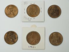 1896-1901 run of veiled head Victorian pennies, all near unc with almost full lustre, 6 coins