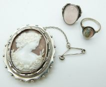 Victorian silver brooch set with a cameo and two silver rings set with agate