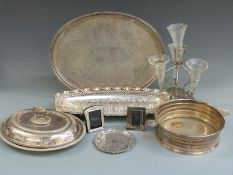 A plated galleried tray, Art Deco dish, epergne etc