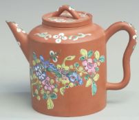 Chinese Yixing enamelled terracotta teapot with four character seal mark to base, height 15cm