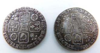 George II 1732 young head sixpence, roses and plumes reverse, F, together with a 1735 example, F