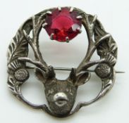 Scottish silver brooch in the form of a stag set with paste by Robert Allison, 3.5 x 3.5cm