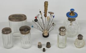 Sterling silver and guilloché enamel mounted cut glass scent bottle, hallmarked silver mounted glass