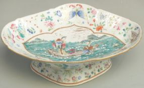 A 19thC Chinese enamelled bowl with decoration of two figures on a raft in a choppy sea, height 8cm,