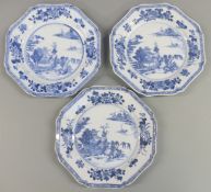 Three 19thC Chinese blue and white octagonal export plates, diameter 23cm.
