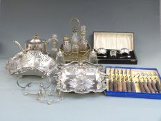 A quantity of silver plate including cased plated cruet set, six bottle cruet, serving dishes etc
