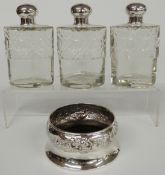 Edward VII hallmarked silver three bottle table flask set, each bottle with cut glass upper body,