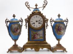 Brunfaut French porcelain and gilt metal clock garniture, each piece marked Brunfaut, clock movement