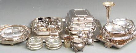 A quantity of plated serving dishes, Walker & Hall and other salts and mustards, large tray etc
