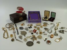A collection of costume jewellery including brooches, pendants including brooch, agate pendants,