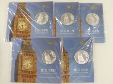 Five Royal Mint 2015 Big Ben £100 fine silver coins, in original packaging
