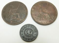 1874 Victorian young bust bronze penny, Heaton Mint, OT TB, VF, together with an 1884 example VF