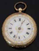 An 18ct gold open faced pocket watch with gold hands, black Roman numerals, gilt decorated white