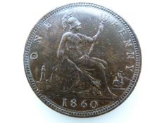 Victorian 1860 bronze young head penny, OT TB, small die crack by ship, unc