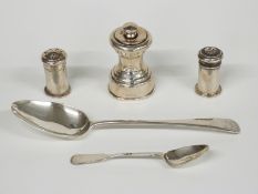 Two Georgian hallmarked silver spoons, weight 68g, hallmarked silver mounted pepper grinder and a